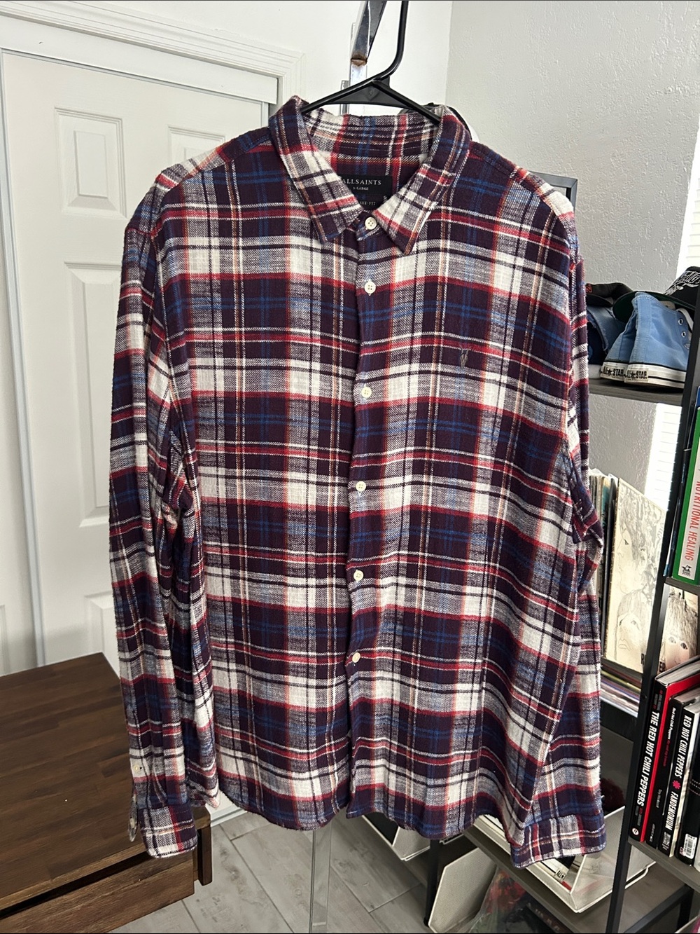All Saints Plaid Button-Down Shirt in Red, Blue & White